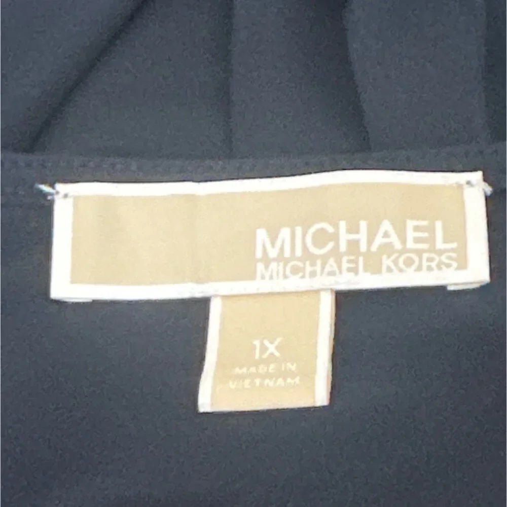 Michael Kors Womens 1X Navy Lace-Up Blouse Metalic Gold Accents Roll Tab Sleeve - Picture 3 of 11